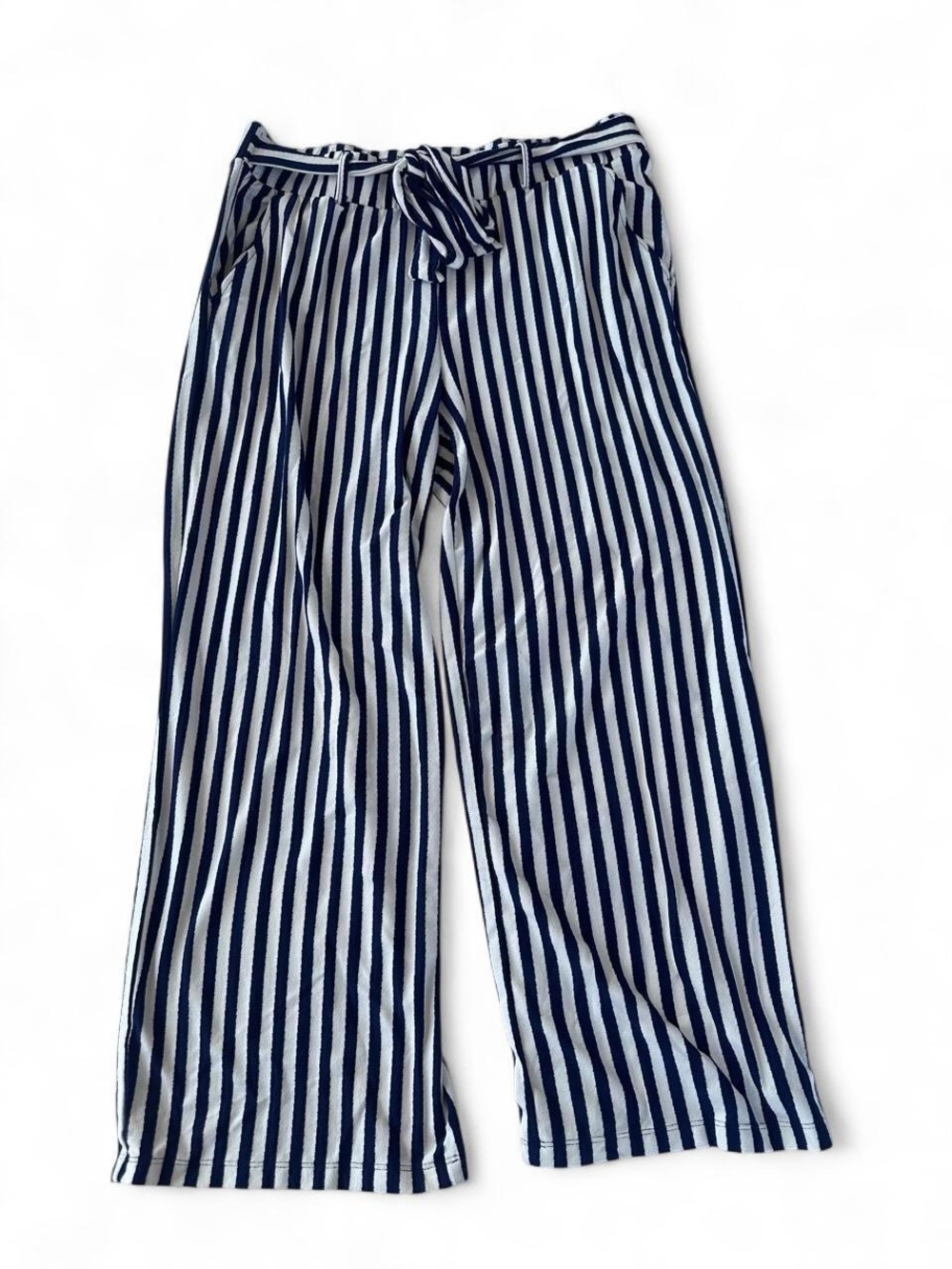 AnyBody Navy & White Striped Wide-Leg Pants with Tie Waist